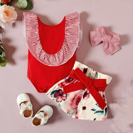 

Wiueurtly Children s Suit Summer Striped Large Peplum Border Red Kazakhmys Shorts Headband 3pcs Suit Track Suits Teens
