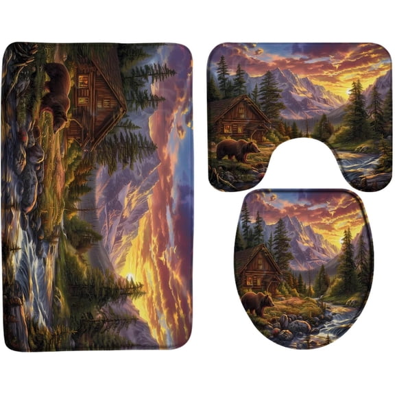 Rustic Bathroom Rug Set 3 Piece, Cabin Bear Foggy Mountain Pine Tree Forest Lodge Sunset Nature Landscape Aesthetic Meditation Soft Memory Foam Bath Mat Set