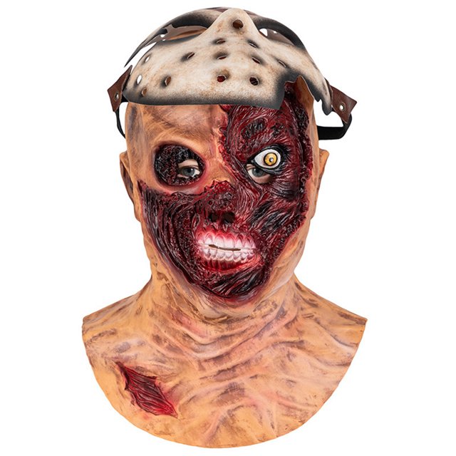 máscara de jason killer de la película viernes 13, máscara de bola de látex para cara completa estilo hockey en color hueso con correas ajustables y acabado envejecido; incluye protector de cuello con textura arrugada y cicatriz roja, talla para la mayoría de adultos, ideal para Halloween, carnaval y decoración de fiesta.