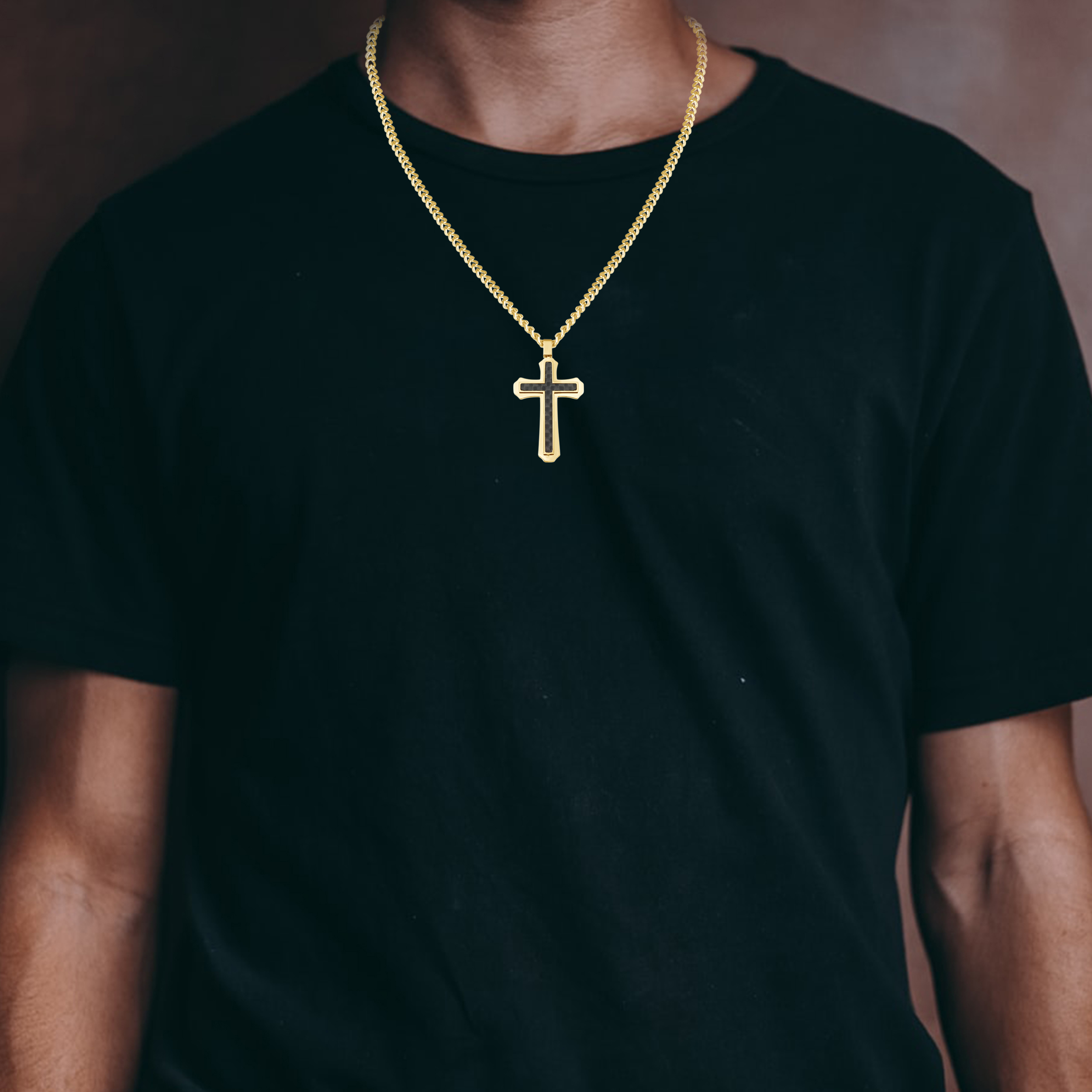 Mens Carbon Fiber Gold Plated Stainless Steel Cross Pendant