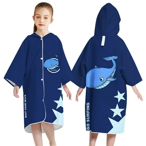 FAOWME Cardigan Button Bath Towel Children Quick Drying Bathrobe Boys Girls Babys Swimming Absorbent Towel Cape Hooded Beach Beach Bath Towel Dark Blue 5-14 Years