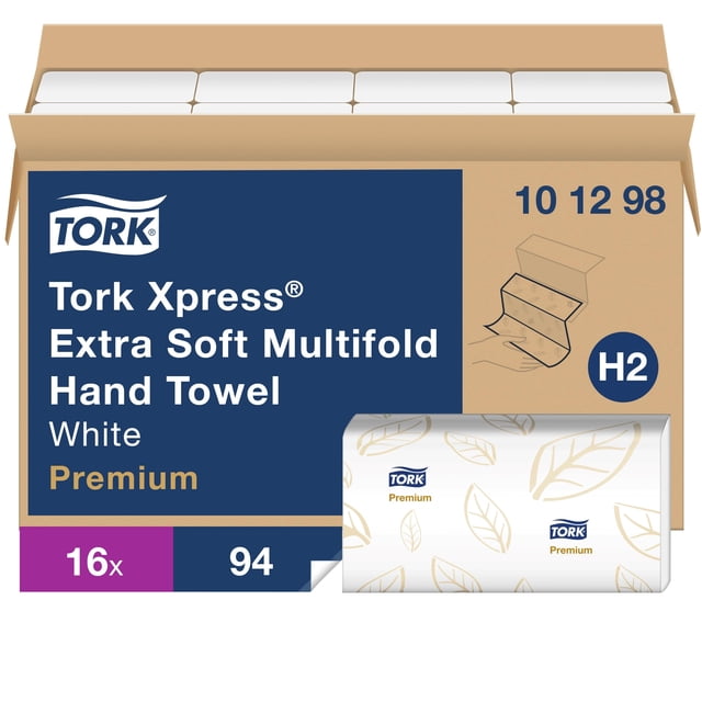 Toallas de mano Tork, extra suaves, múltiples, blancas con estampado de hojas azules
