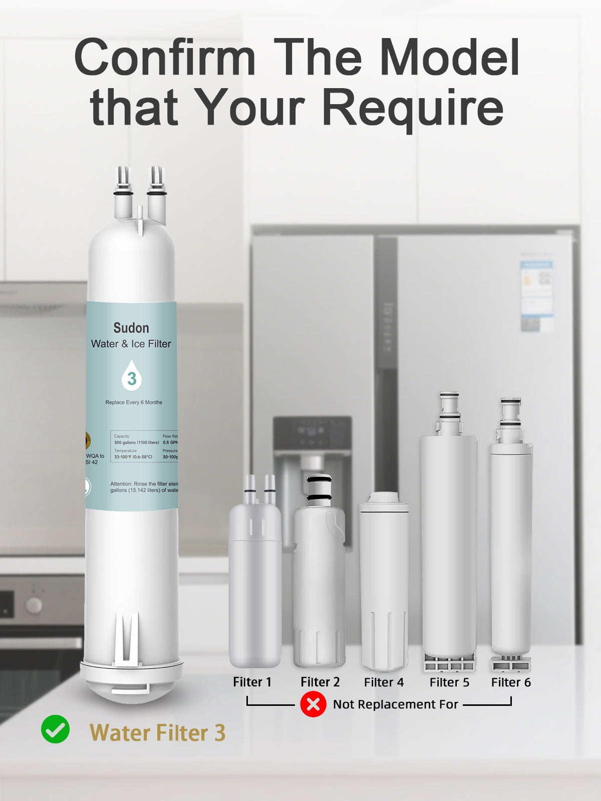 Sudon EDR3/RXD1 Water Filter 3 Compatible with Whirlpool Refrigerator Everydrop 3 4396841 4396710 4396710P 4396841P WHR3RXD1, Replacement for Kenmore 46-9083 46-9030 Ice Filters, 3-Pack
