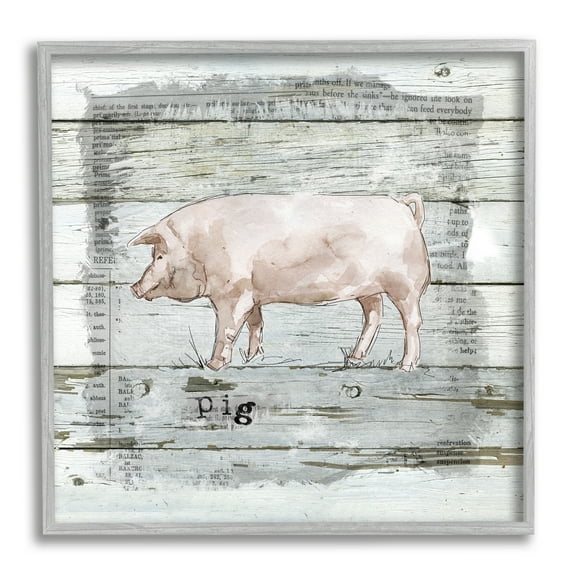 Stupell Industries Country Pink Pig over Book Collage Rustic Pattern Animals & Insects Painting Gray Framed Art Print Wall Art, 12 x 12