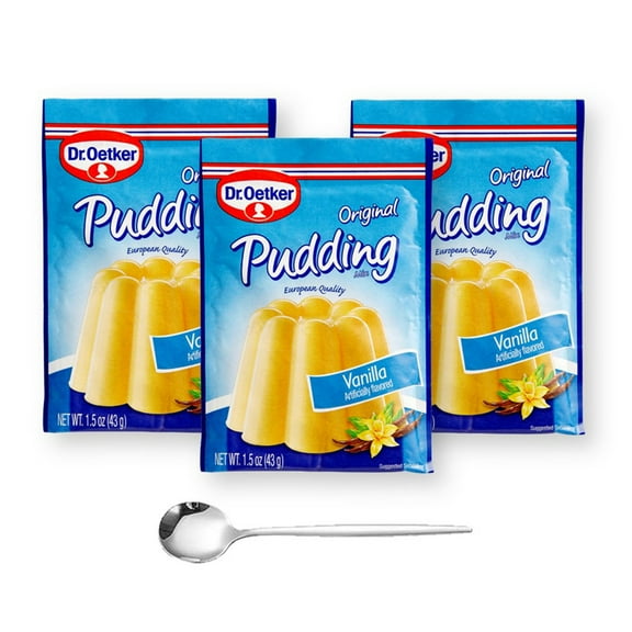 Dr. Oetker Original Vanilla Pudding Mix European Quality 1.5 Oz. X 3 with Bonus Gift Modern Stainless Steel Tea Spoon (4-Pc Set)