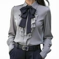 thumbnail image 2 of MORTTIC Women's Elegant Blouse with Black Bow Tie Long Sleeve Ruffle Office Shirt For Spring Fall Gray，XXL, 2 of 4