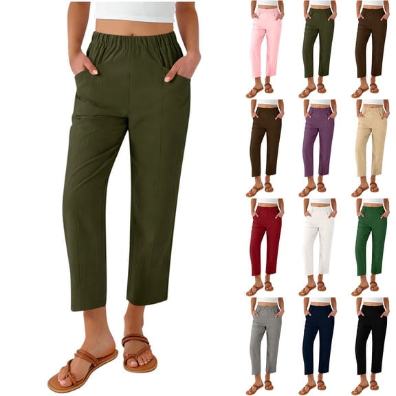 Women's Cotton Linen Capri Pants Summer Lightweight Elastic Waist Work Pant Ankle Cropped Trousers with Pockets 2026 Army Green XXL