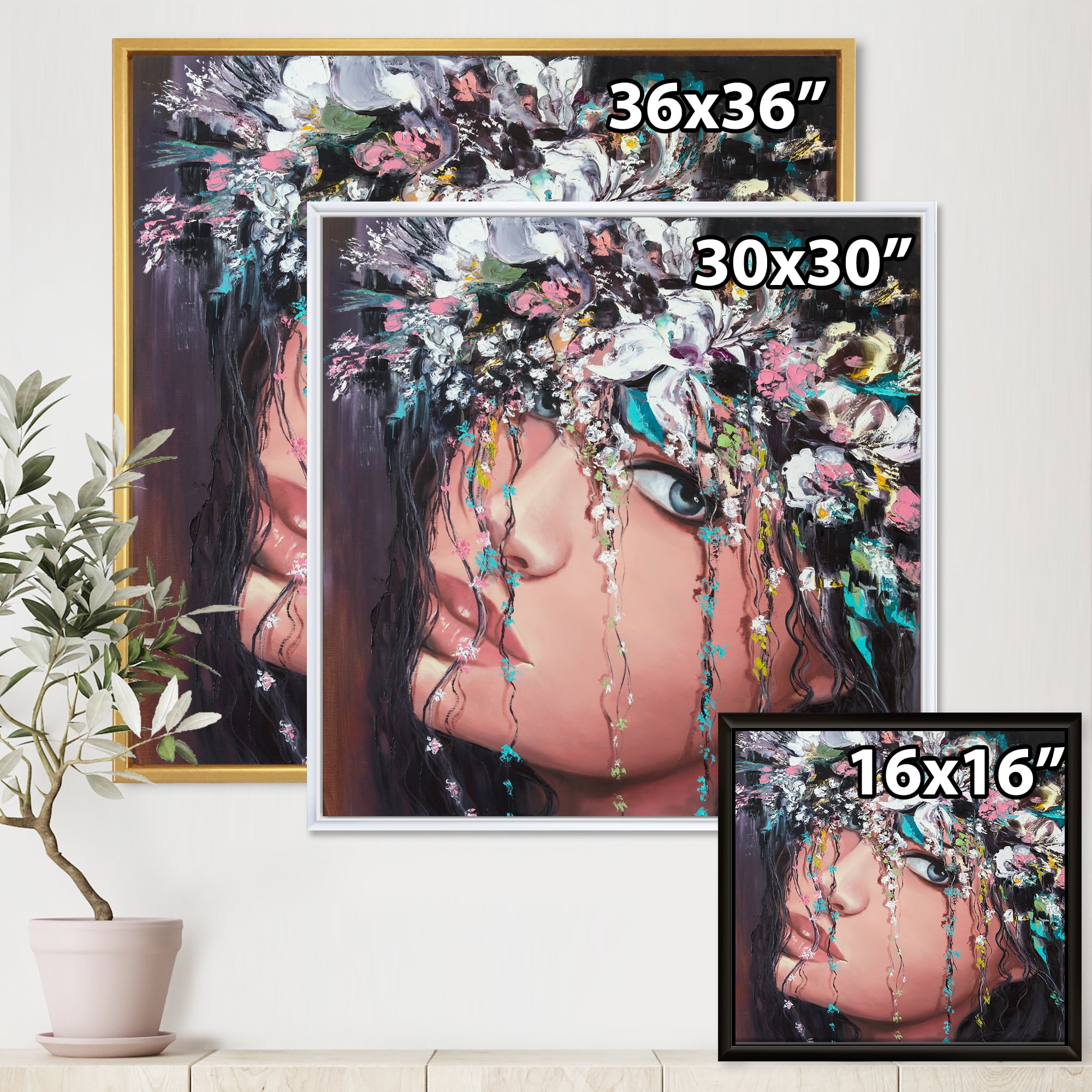 Designart 'Portrait Of A Young Woman With Flowers II' Modern Framed Canvas Wall Art Print