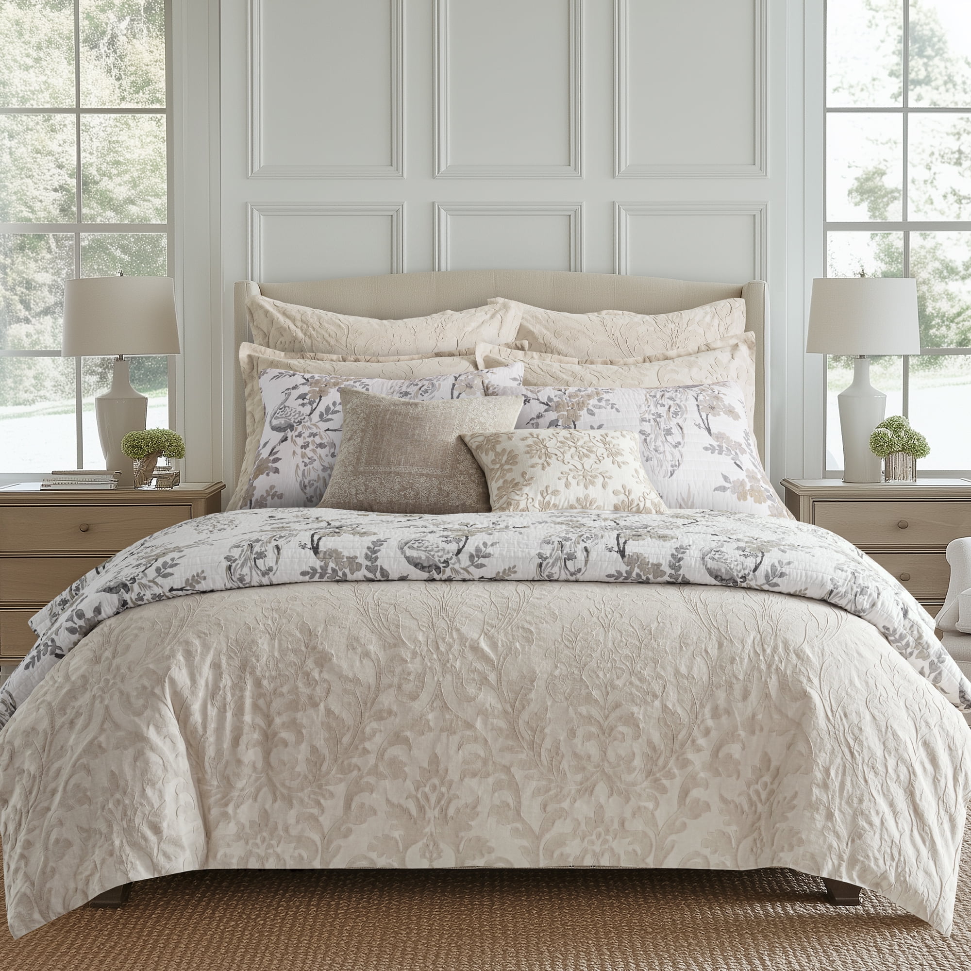 Levtex Home - Alessio Beige Duvet Cover Set - Full/Queen Duvet Cover + Two Standard Pillow Cases - Floral Damask - Beige and Cream - Duvet Cover (90 x 94in.) and Pillow Case (26 x 20in.) - Cotton
