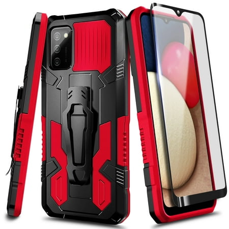 Nagebee Phone Case for Samsung Galaxy A02S with Tempered Glass Screen Protector (Full Coverage), Belt Clip [Built-in Kickstand], Dual Layer Full Body Shockproof Protective Rugged Defender Case (Red)