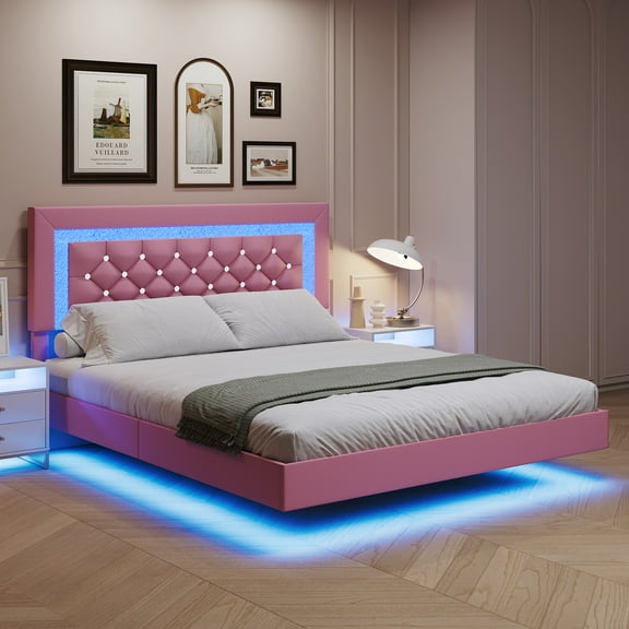 4 EVER WINNER Queen Size Floating Bed Frame with LED Lights, Upholstered Platform Bed Frame with Diamond Tufted Headboard, Pink Queen Size Bed Frame, Pink