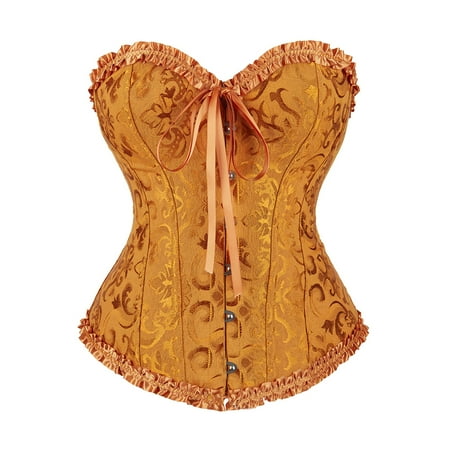 GXIPO Gold Women s Lace Up Corset Boned Floral Overbust Bustier Bodyshaper Top S-6XL