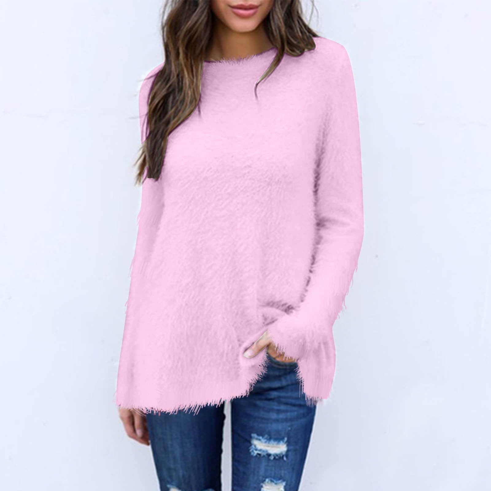 Blmnix Elegant Tops for Woman Pink Sweater Long Sleeve Crew Neck Tunic Solid Pullover Tops for Junior Winter
