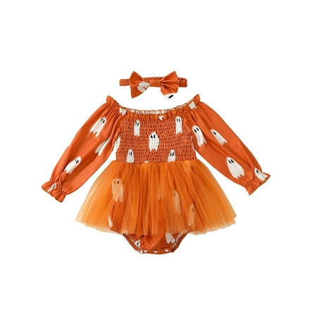 

Jusbysis Baby Girl Halloween Romper Dress Ghost/Pumpkin Print Elastic Neckline Long Sleeve Tulle Jumpsuit with Bow Headband
