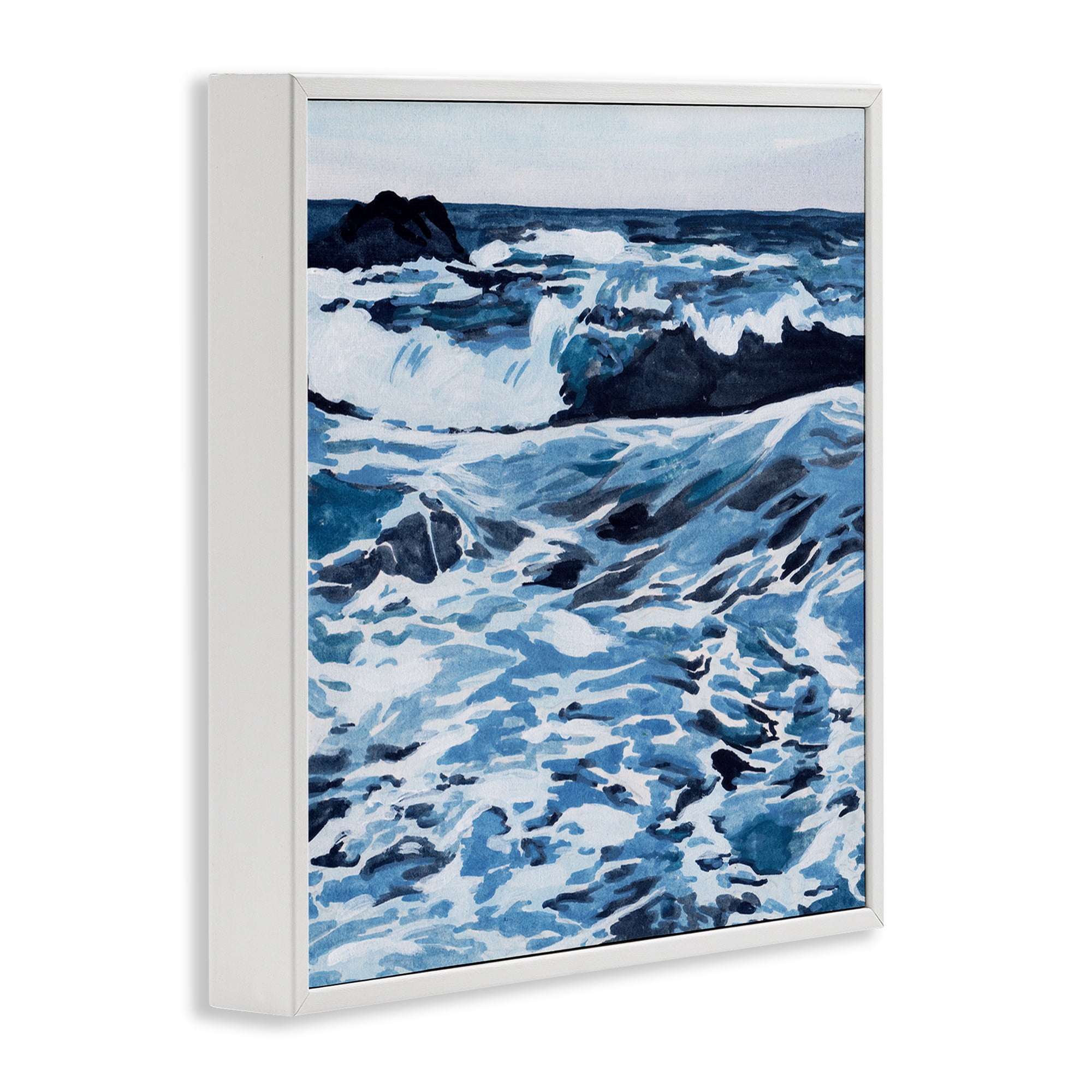Stupell Industries Blue Coastal Waves Landscape Painting White Framed Art Print Wall Art, 17 x 17