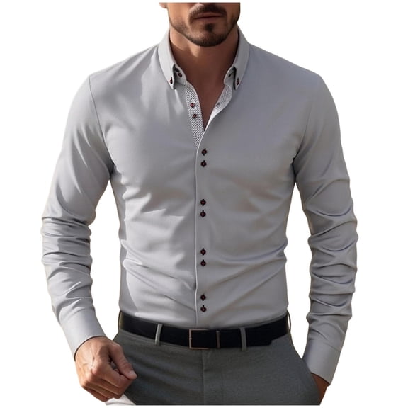 LMOIPLI Men's Formal Long Sleeve Dress Shirt Modern Slim Fit Wrinkle-Free Casual Business Button Up Shirts Gray L