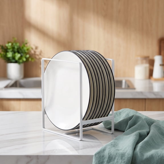 Plate Holders Organizer, Metal Dish Storage Drying Display Rack for Cabinet, Counter and Cupboard White