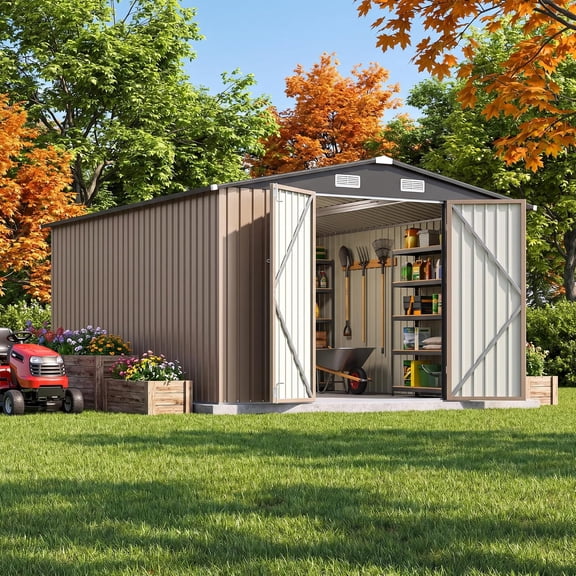 10x12 FT Outdoor Storage Shed, Heavy Duty Metal Shed with Lockable Door&Slooping Roof, Tool Shed for Garden Backyard Patio(Brown)