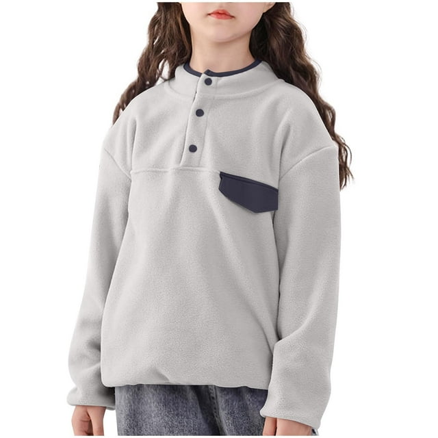ZACPNCV Girls Fuzzy Fleece Pullover Sherpa Sweatshirt Long Sleeve Button Down Sweater Jacket with Pockets Gray 7-8 Years