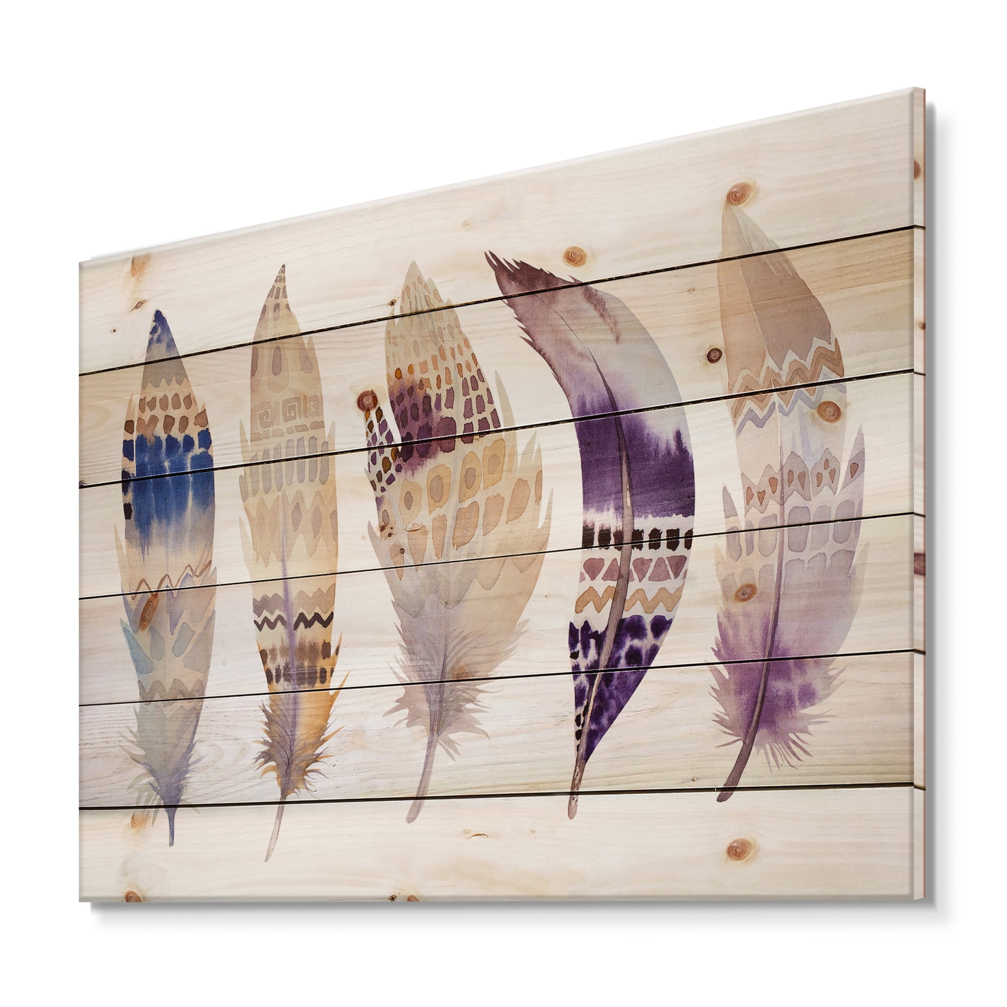 Designart 'Ethnic Purple Boho Art Feathers' Bohemian & Eclectic Print on Natural Pine Wood