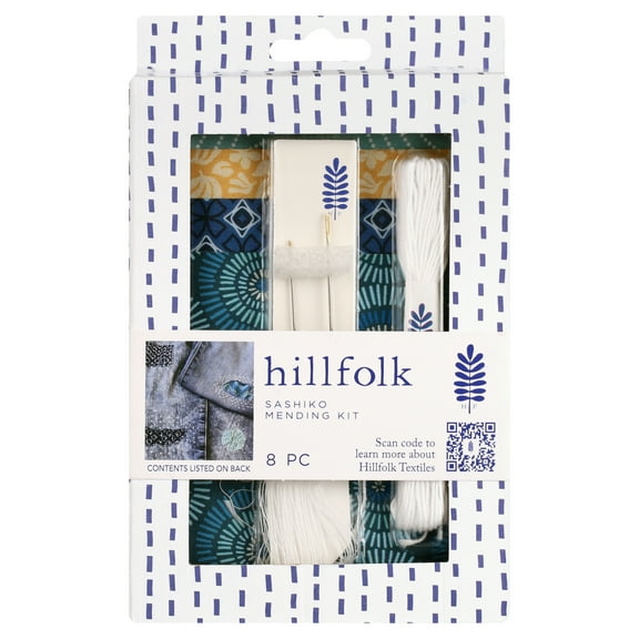 Hillfolk Sashiko Mending Kit Includes 4 Pieces Of Preprinted Fabric, Each 9" X 9", Sashiko Needles, Sashiko Thread And Instructions.