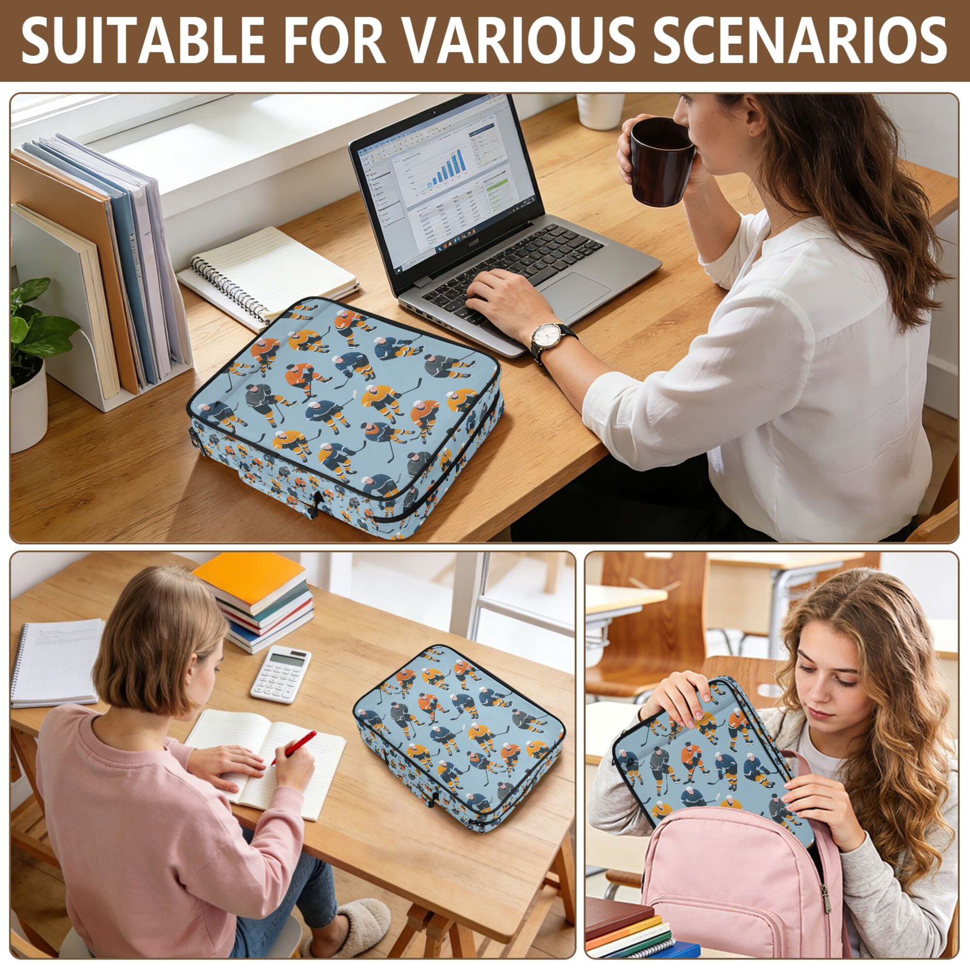 FORMRS Accordion File Folder A4 Size 7-Pocket Expanding Document Organizer Bag with 3 Ring Binder, Cartoon Hockey Pattern