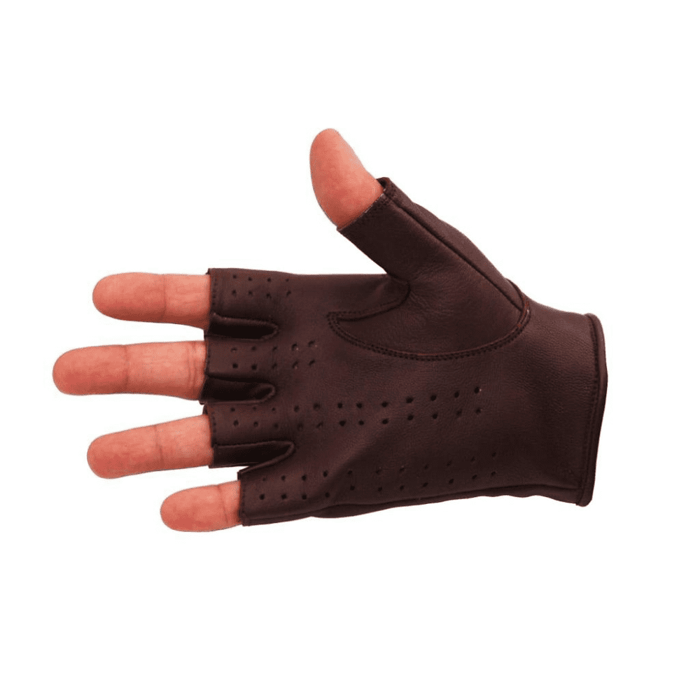 Driving Half Finger Finger less Knuckle Holes For Men Genuine Motorcycle Leather Gloves Brown Medium