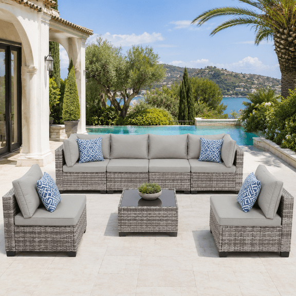 7-Piece Outdoor Patio Furniture Set, Wicker Sectional Sofa with Glass Table