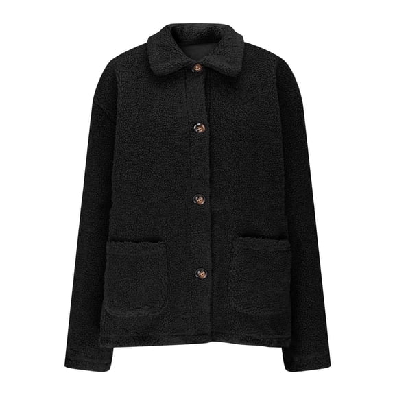 DHFJKG Women's Winter Teddy Jacket Windproof Button-Down Solid Color Long Sleeve Turndown Collar Fuzzy Coat With Pockets Thickened Cozy Outerwear