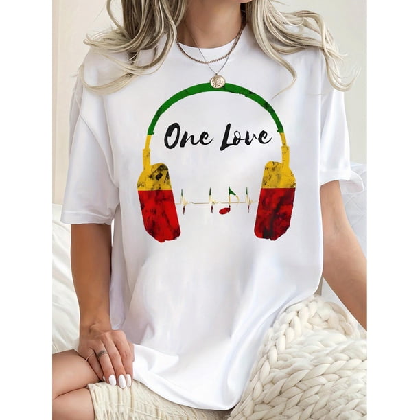 Camiseta de Mujer de Verano Suave1pc Women'S Casual Crew Neck T-Shirt with Geometric-Patterned Headphones and "One Love" Print, Polyester Knit Fabric, Medium Stretch, All-Season Comfort FitFather's