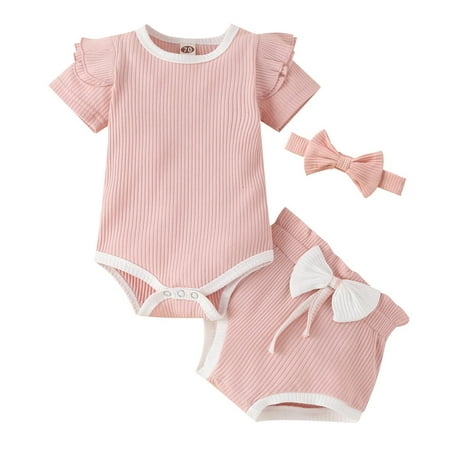 

EHTMSAK Newborn Infant Baby Toddler Girl 3PCS Bodysuit and Bow Shorts Set Outfits Ruffle Short Sleeve Summer Clothing Set with Headband Pink 0-2Y 90