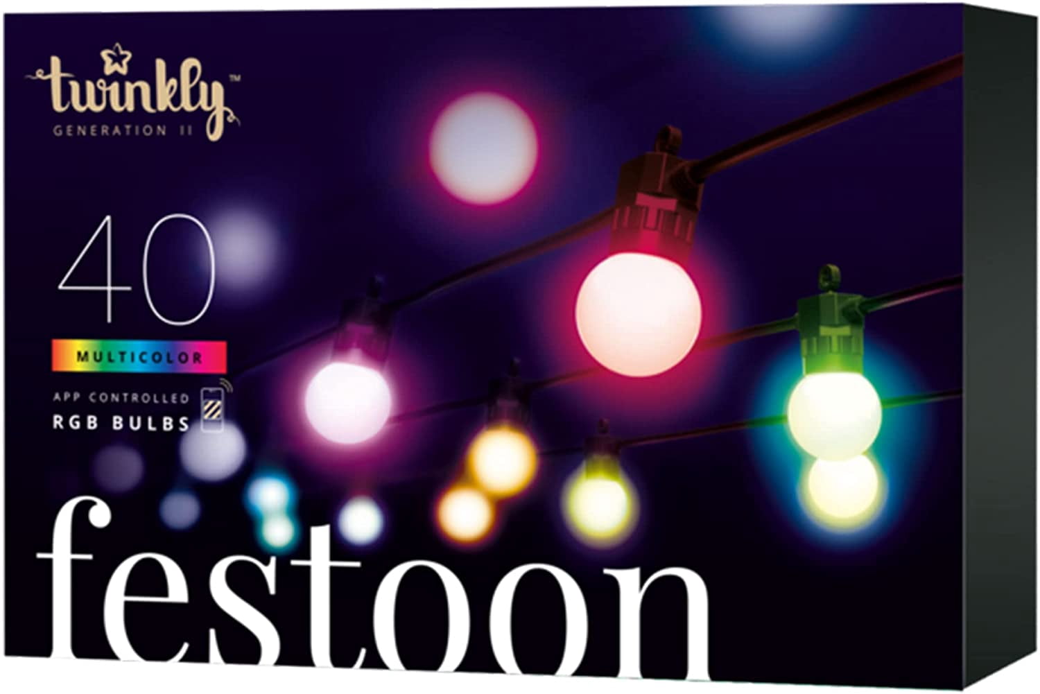 Twinkly Festoon – App-Controlled LED Bulb Lights String with 40 RGB (16 Million Colors) LEDs. 65.6 feet. Black Cable. Indoor and Outdoor Smart Lighting Decoration