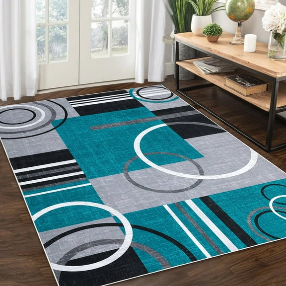 Garvee Modern Geometric Area Rugs 5'x7' Living Room Rugs, Abstract Washable Rug Non-Slip Soft Indoor Throw Carpet Stain Resistant Rug for Dining Room Bedroom, Blue Green