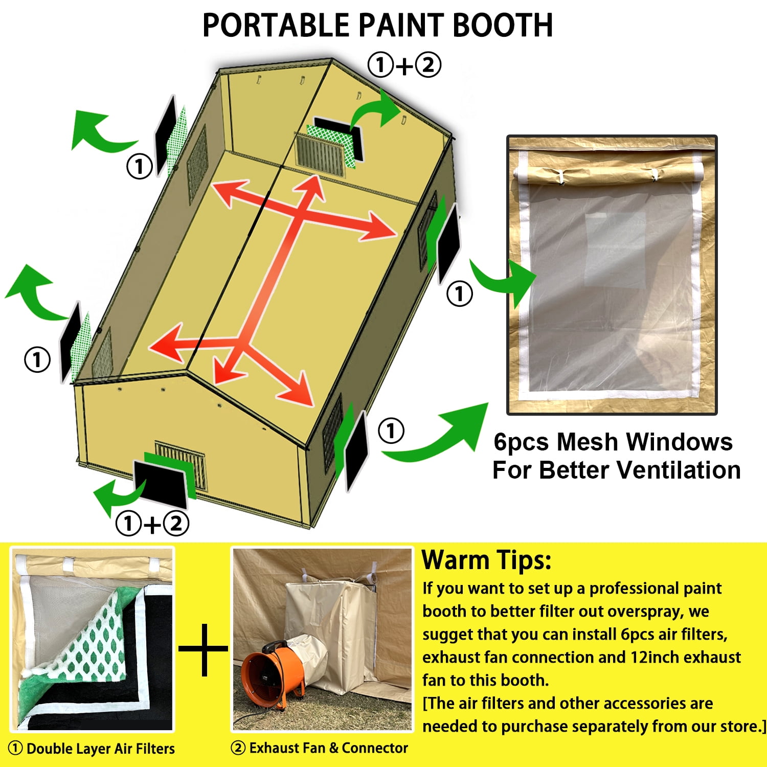 Rainproof Portable Paint Booth 20X12X10FT Spray Booth with 6pcs Mesh Windows & Floor for Painting Cars, Auto Parts, Furnitures and Other Items (Beige)