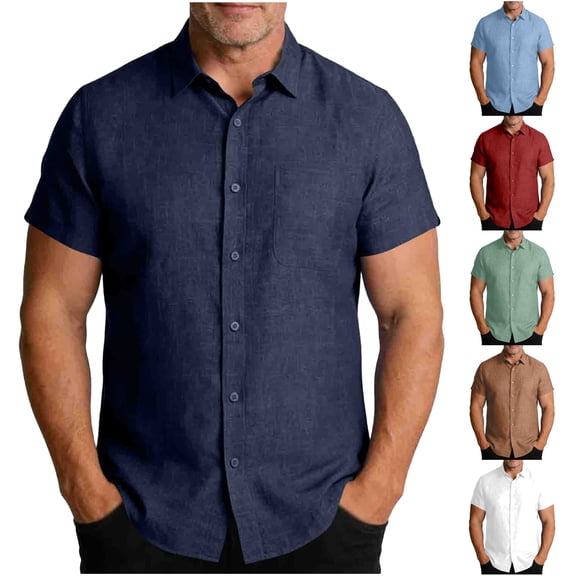 VBTAPA Mens Casual Linen Shirts Short Sleeve Button Down Shirt Solid Summer Beach Vacation Shirt Untucked Dress Shirt Khaki M