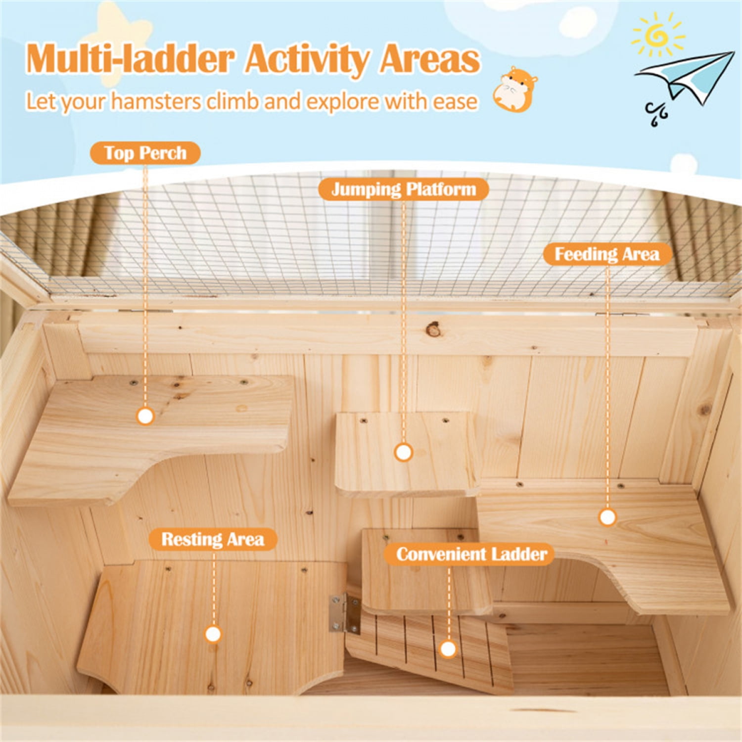 Natural Fir Wood Hamster Cage 31.5 Inch Flip Mesh Roof Multi Level Activity Areas Bottom Storage Shelf for Small Pets