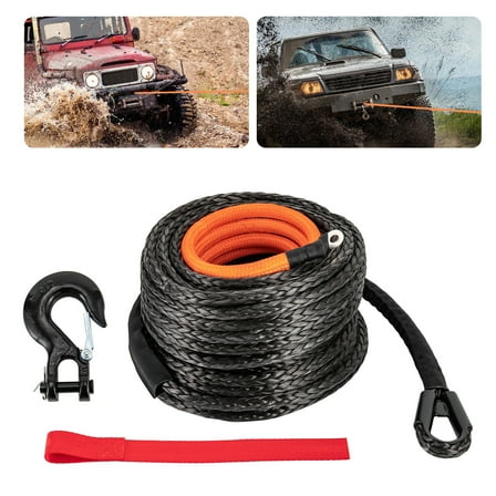 3/8" x 92ft Winch Rope Synthetic Line Recovery Cable Black W/ Hook 4WD ATV SUV