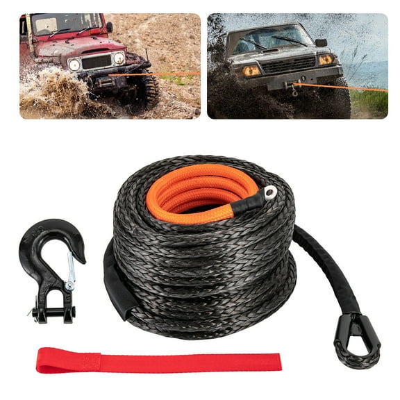3/8" x 92ft Winch Rope Synthetic Line Recovery Cable Black W/ Hook 4WD ATV SUV