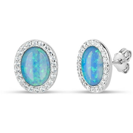 Created Light Blue Opal and CZ Sterling Silver Rhodium-Plated Oval Stud Earrings