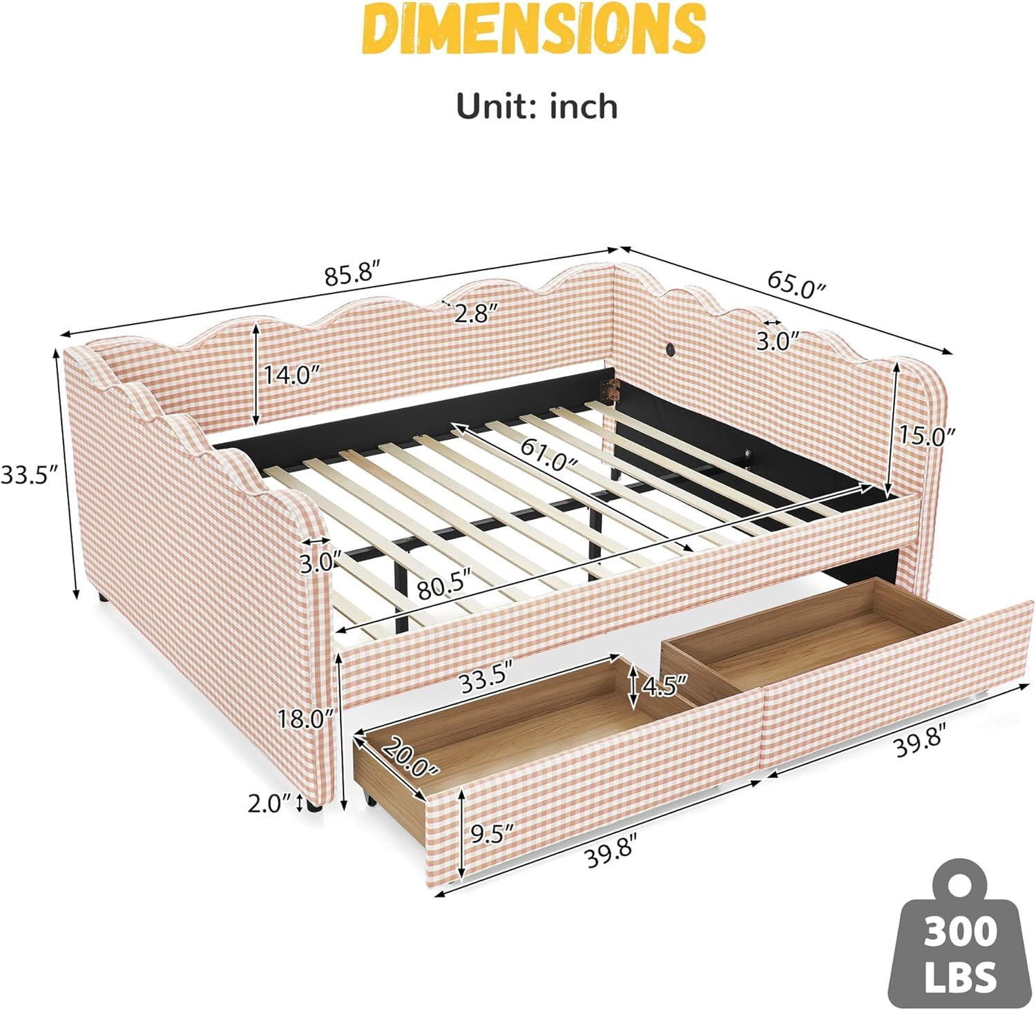 avobird Cozy Gingham Daybed with 2 Storage Drawers Queen Size Sofa Bed for Living Room, Sleeper Sofa with USB Port and Adorable Wave Shaped, Linen Fabric, Pink