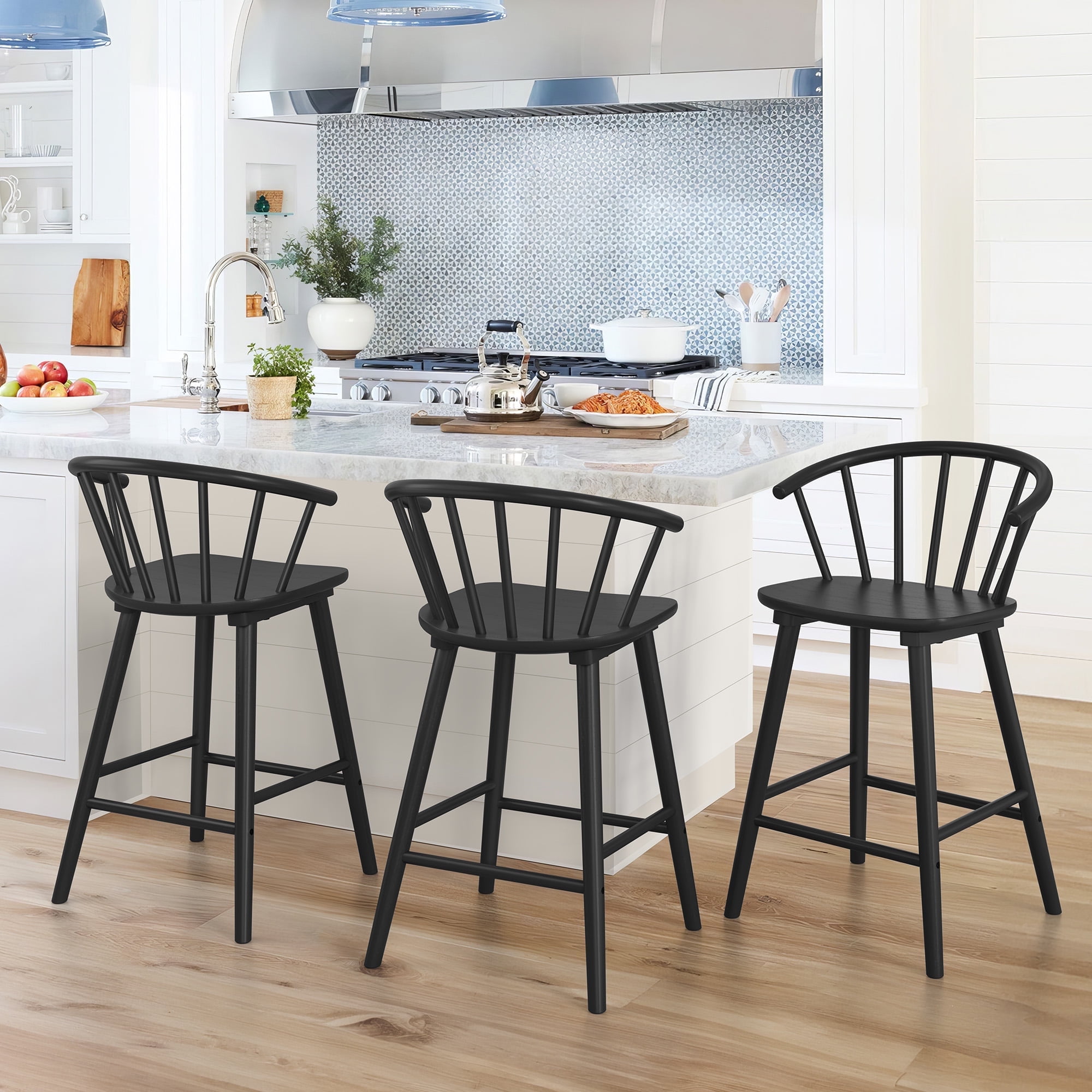 Dycanpo 24'' Wooden Bar Stools Set of 3,Counter Height Bar Stools with Backrest for Kitchen Island,Black
