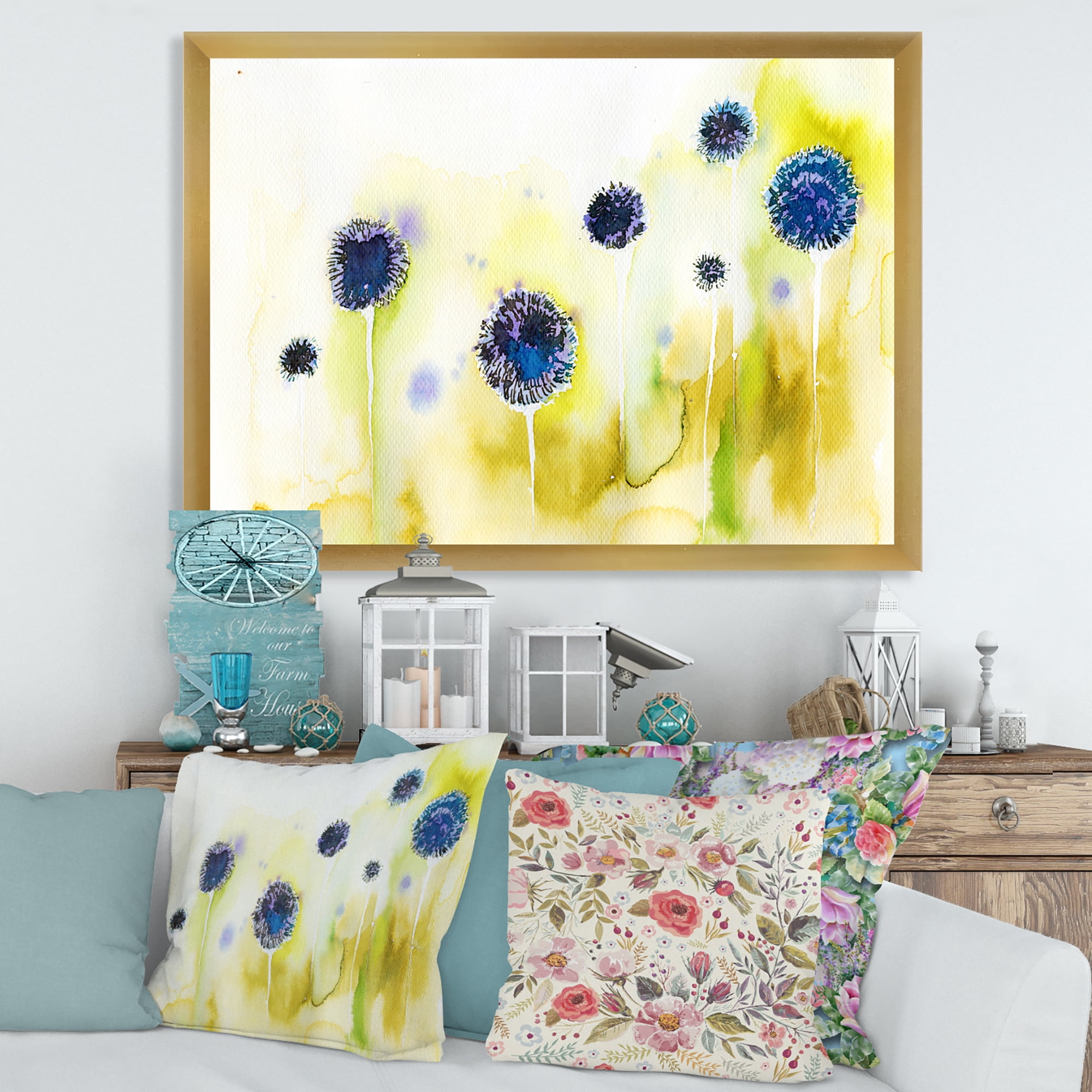 Designart 'Abstract Blue Flowers In The Meadow' Traditional Framed Art Print