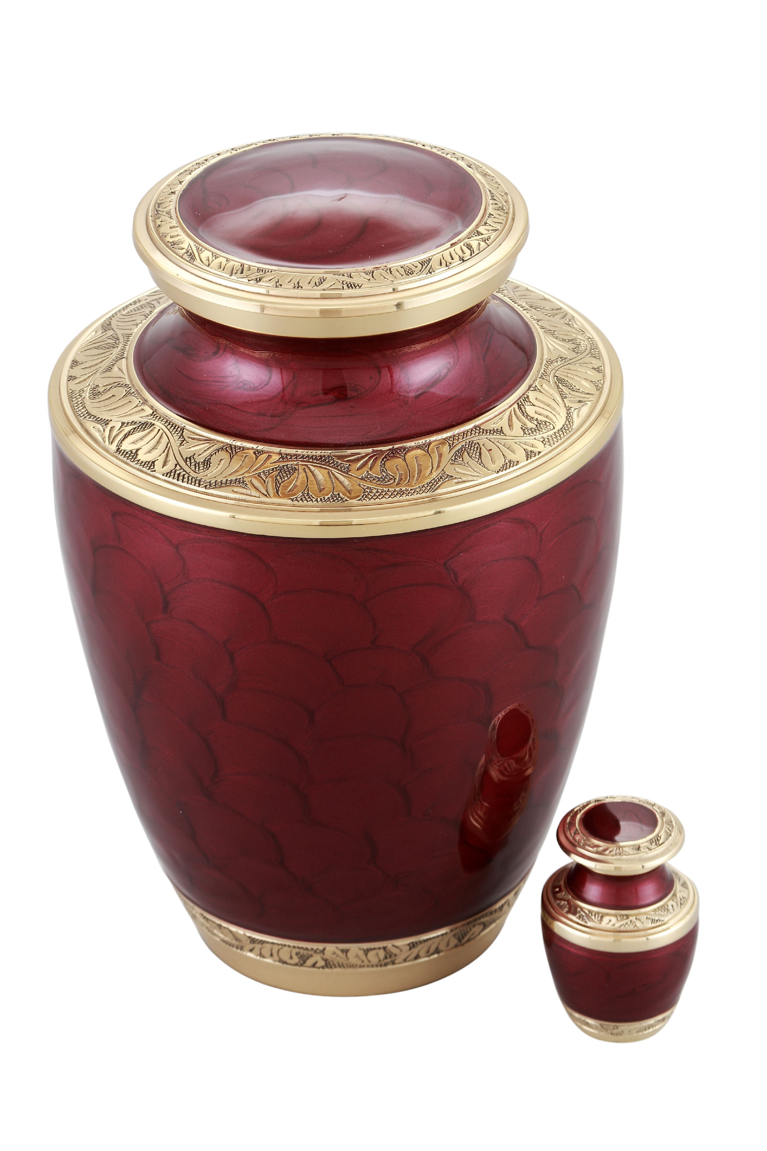 Adorn Cremation Urn - Adult Funeral Urn - Solid Brass Funeral Urn - Handcrafted Adult Funeral Urn for Ashes -Affordable Urn Deal with Free Keepsake (Red)
