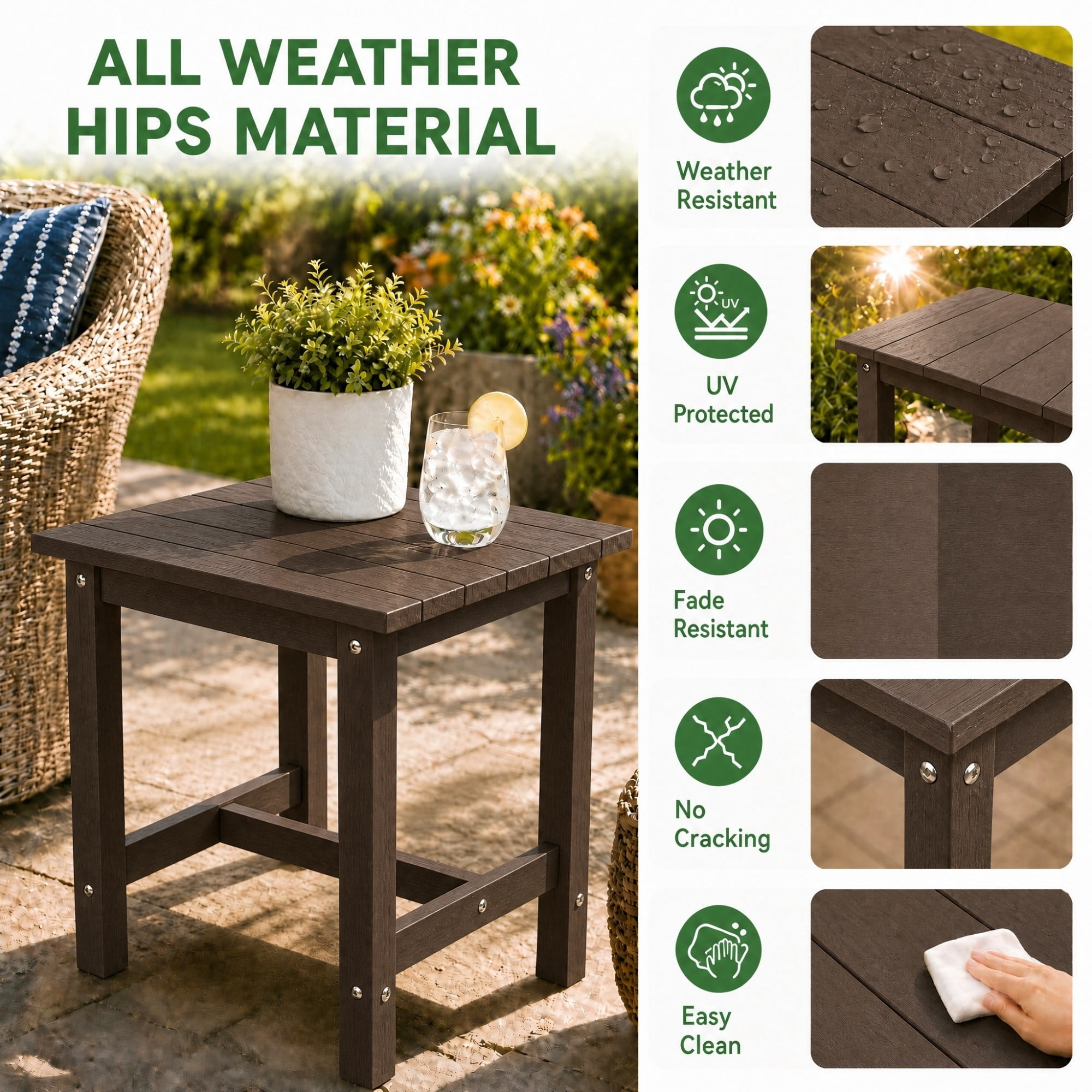 Y&M Outdoor Side Table, HDPE Patio End Table for Adirondack Chair, Weather Resistant Small Accent Table, Coffee, 2 Pack
