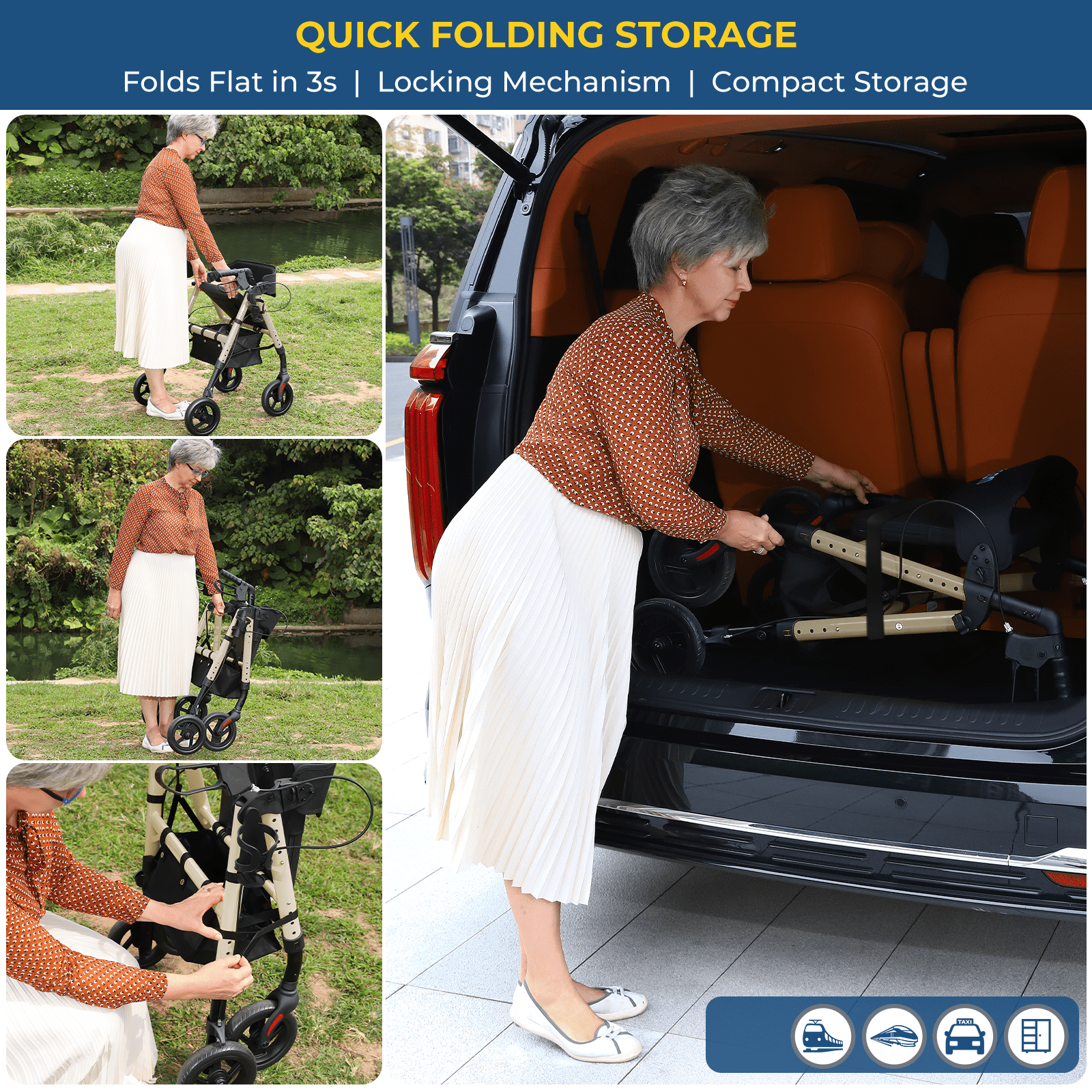 Foldable Rollator Walker with Seat for Seniors - Lightweight Rolling Walkers with Brakes, 300 lb Capacity, 8" All-Terrain Wheels, Adjustable Handles and Seat Height & Removable Storage Bag, Champagne