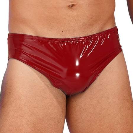 YONGHS Men Shiny Faux Leather Briefs Lingerie Low Rise Bulge Pouch Panties Underwear Red L