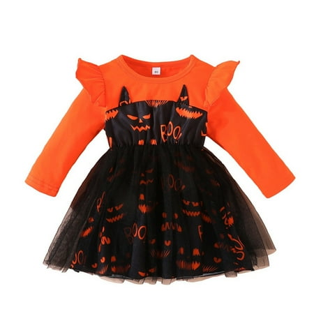 

Usaibhir Toddler Baby Girls Halloween knee-high Tutu Dress Long Sleeve Ruffle Sleeve Cartoon Print Skirt Princess Party Tulle Dress Sundress 1-5T