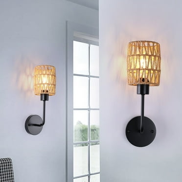 Ganeed 2 Uints Sconces Wall Lighting Rattan Wall Sconce Hardwired Hand Woven Wall Lamps for Bedroom Living Room Nursery Room, E26 (Bulbs Not Included)