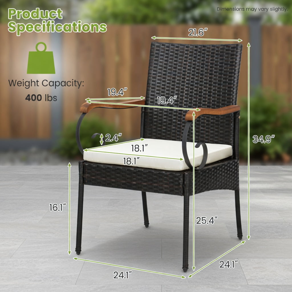 Hommoo 2-Piece Outdoor PE Wicker Dining Chairs with Acacia Wood Armrests, Weather-Resistant Patio Seating Set, Off-White Cushions, Sturdy X-Frame Design, Brown