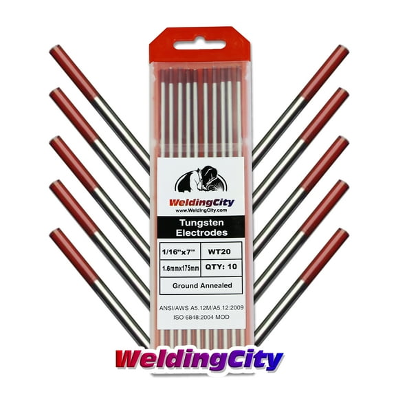 WeldingCity 10 TIG Welding Tungsten Electrodes 2% Thoriated (Red) 1/16"x7" (10Pk Box)